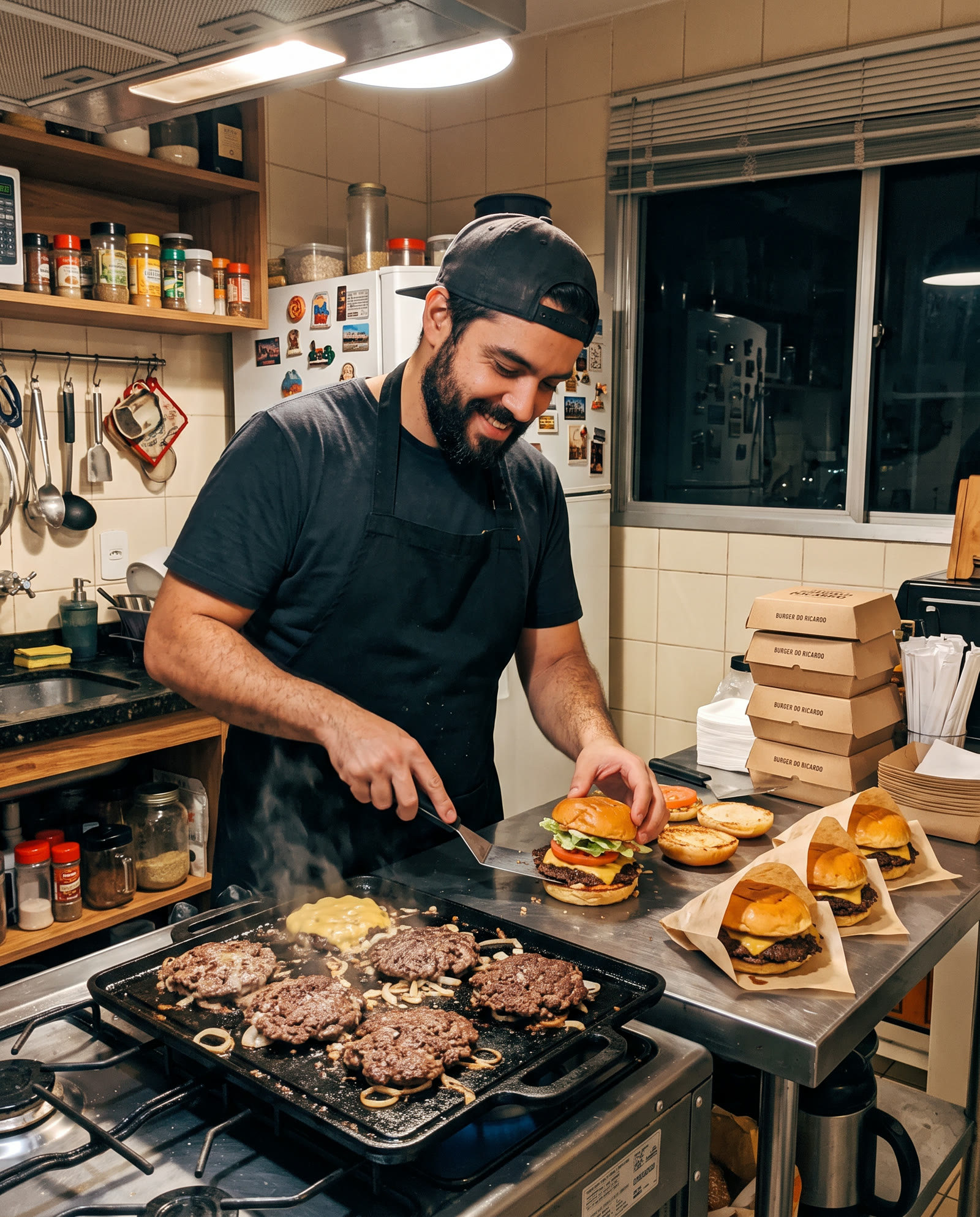 Hamburgueiro montando lanches na cozinha de casa